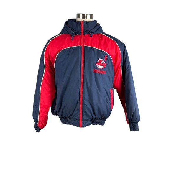 Cleveland Indians Vintage 90s Hooded Jacket Size L Navy & Red Polyester MLB Spor - Picture 1 of 13